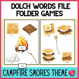 May include: A printable game for children featuring Dolch sight words with a campfire smores theme. The game includes images of graham crackers, marshmallows, chocolate, and a campfire. The words "you", "said", "little", "go", "the", "for", "to", "see", "look", and "down" are included.