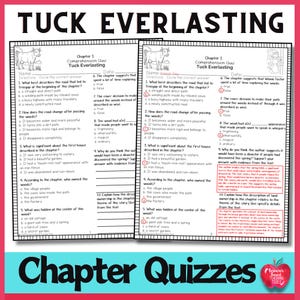 May include: Two black and white printable worksheets for a chapter quiz on the book Tuck Everlasting. The worksheets feature a cartoon cow and the title "Chapter 1 Comprehension Quiz Tuck Everlasting".