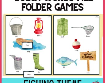 Può includere: Un set stampabile di giochi di cartelle per file di parole Dolch con un tema di pesca. I giochi presentano immagini di un secchio, una lanterna, un giubbotto di salvataggio, una rete da pesca, un galleggiante da pesca, un pesce e una lattina. Le parole "you", "the", "said", "look", "go", "for", "to", "see", "down", "little" e "Gone Fishing" sono incluse.