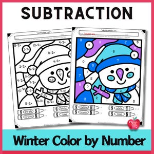 Puede incluir: Dos hojas de trabajo de colorear por números con temática invernal con la palabra "SUBTRACTION" en la parte superior. Una es una versión en blanco y negro, y la otra es una versión coloreada de un muñeco de nieve. El texto "Winter Color by Number" está en la parte inferior.