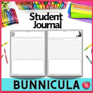 May include: A student journal with the title "Student Journal" in large black letters. The journal is open to two pages with lined paper and a large rectangular space at the bottom of each page. The word "Bunnnicula" is at the bottom.