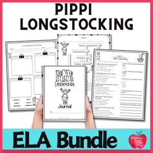 May include: A black and white printable ELA bundle for Pippi Longstocking. The bundle includes a vocabulary worksheet, a crossword puzzle, a comprehension check, and a journal.