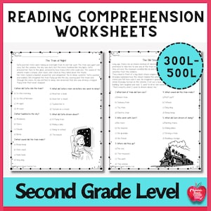 May include: A reading comprehension worksheet for second grade students. The worksheet features two reading passages with questions about the stories. The title "READING COMPREHENSION WORKSHEETS" is at the top, with a "300L-500L" label.