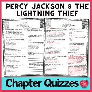 以下が含まれることがあります： 「Percy Jackson & The Lightning Thief」の「Chapter Quizzes」というタイトルのワークシート。クイズには、多肢選択式の回答による理解度確認の質問が含まれています。背景は白で、右下に赤いリンゴのグラフィックがあります。