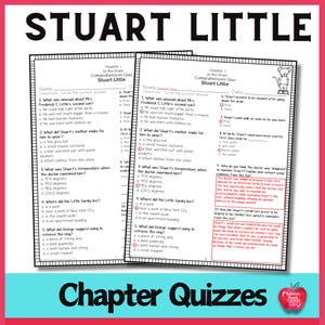 May include: Two printable worksheets for a comprehension quiz about the book "Stuart Little". The worksheets are titled "Chapter 1: In the Drach" and "Chapter 1: In the Drain". Each worksheet has five multiple choice questions and a section for the student's name and the date.