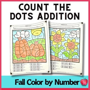 Puede incluir: Dos hojas de actividad de colorear por números con temática otoñal. Una hoja presenta calabazas y la otra girasoles. Cada hoja tiene una cuadrícula de cuadrados con problemas de suma para resolver. La respuesta a cada problema corresponde a un color en la clave de colores. La clave de colores incluye lápices de colores en los colores: marrón, naranja, amarillo, verde, blanco y marrón.