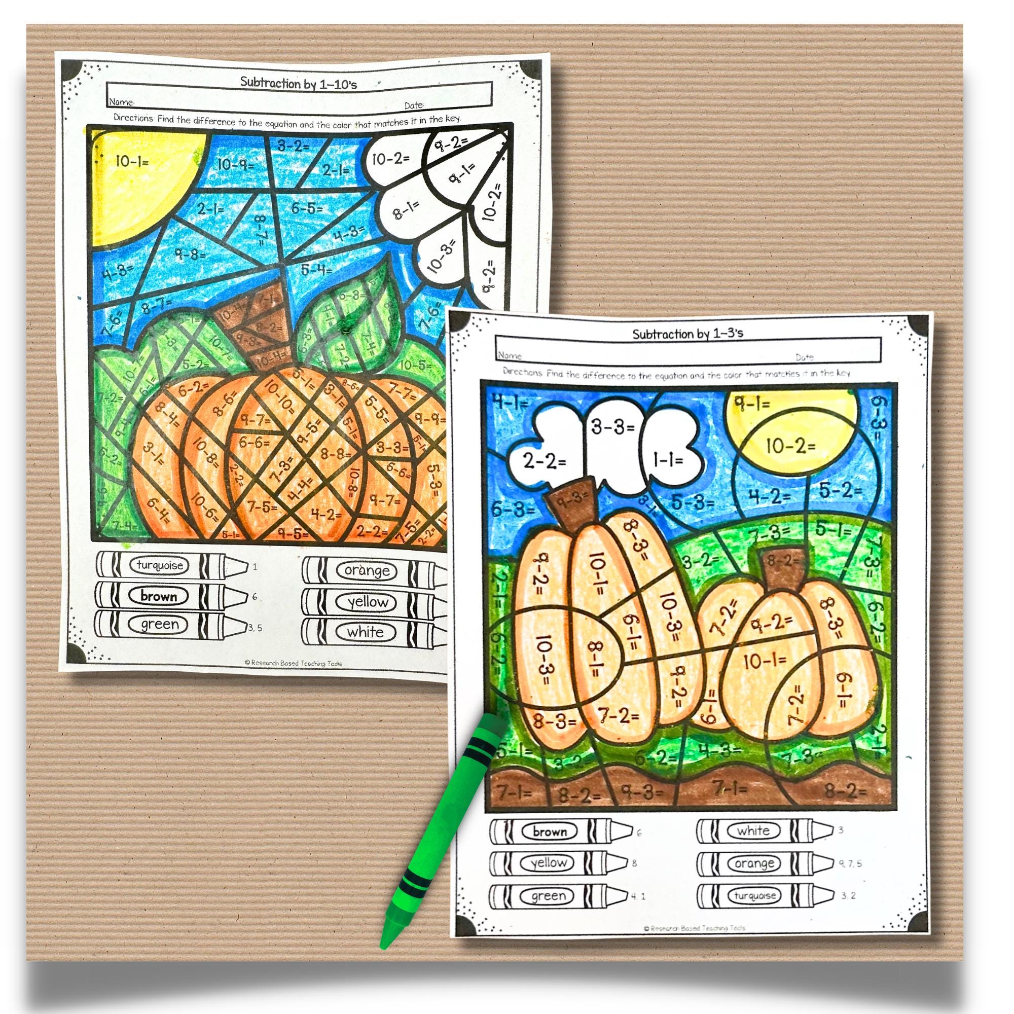 Fall-themed Color by Code Subtraction Worksheets: Fun Math Practice for ...