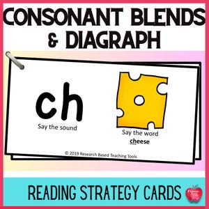 May include: A white card with the letter combination "ch" in black, with the words "Say the sound" below. On the right side of the card is a yellow cheese wedge with a hole in the center, with the words "Say the word cheese" below. The card has a pink and white background with the words "Consonant Blends & Diagraph" at the top and "Reading Strategy Cards" at the bottom.