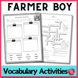 Pode incluir: Folhas de trabalho educacionais para o livro "Farmer Boy". A imagem mostra duas páginas com atividades de vocabulário, incluindo um quebra-cabeça de palavras cruzadas e prompts de esboço. O título "Farmer Boy" está no topo, com "Vocabulary Activities" na parte inferior.