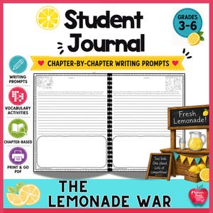 Puede incluir: Un diario estudiantil con espiral con el título "Student Journal" y el texto "Chapter-by-Chapter Writing Prompts". Incluye indicaciones de escritura, actividades de vocabulario y está basado en capítulos. El tema es "The Lemonade War".