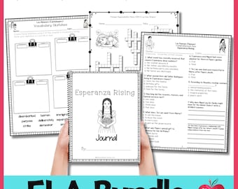 Puede incluir: Un paquete de ELA imprimible en blanco y negro para Esperanza Rising, una novela de Pam Muñoz Ryan. El paquete incluye bocetos de vocabulario, un crucigrama, preguntas de comprensión y una página de diario. El título "Esperanza Rising" está escrito en letras grandes y negritas en la parte superior de la página.
