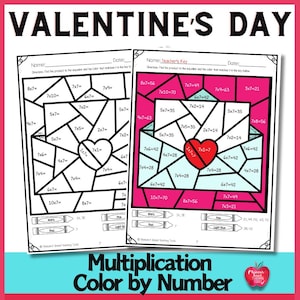 Puede incluir: Una hoja de actividad de multiplicación para colorear por números con temática de San Valentín. La hoja presenta un sobre con forma de corazón con un corazón rojo en el centro. Los estudiantes resuelven problemas de multiplicación y colorean las secciones correspondientes de la imagen.
