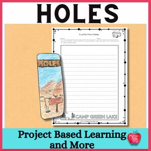 May include: A printable worksheet for a Holes book study. The worksheet features a letter writing activity for students to write a letter from Stanley Yelnats to his parents. The worksheet includes a bookmark with a drawing of the camp and the words "Holes" and "Camp".