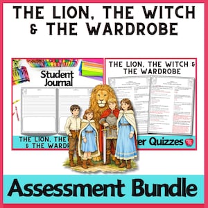 以下が含まれることがあります： 「THE LION, THE WITCH & THE WARDROBE」と「Assessment Bundle」のテキストが特徴的なカラフルな画像。 学生ジャーナル、クイズ、ライオンや子供たちを含む本のキャラクターの描写が含まれています。