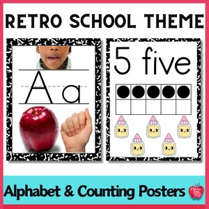 Pode incluir: Dois cartazes educativos com um tema escolar retro. Um cartaz apresenta a letra "A" com uma maçã e um gesto com a mão. O outro mostra o número "5" com visuais de contagem e ilustrações fofas.