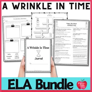 Könnte beinhalten: Ein buntes ELA-Paket zum Unterrichten von "Eine Falte in der Zeit" von Madeleine L'Engle. Das Paket enthält Vokabelskizzen, ein Kreuzworträtsel, ein Verständnisquiz und ein Tagebuch. Das Cover des Tagebuchs zeigt eine Sanduhr und den Titel "Eine Falte in der Zeit".