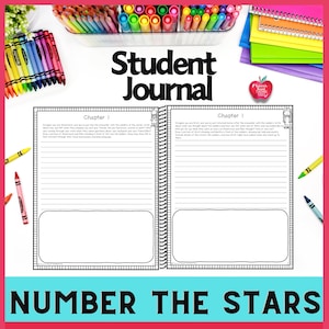 May include: Black and white printable student journal with the title "Number the Stars" and the words "Student Journal" and "Chapter 1" on the cover.