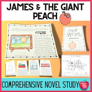 Puede incluir: Un recurso de estudio completo de la novela "James y el Melocotón Gigante". El recurso incluye un diario de escritura, una plantilla de informe de noticias, un mapa de Inglaterra y una hoja de trabajo sobre las partes de un saltamontes. El recurso está diseñado para ayudar a los estudiantes a aprender sobre el libro y sus personajes.