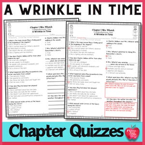 Könnte beinhalten: Zwei druckbare Arbeitsblätter für ein Kapitelquiz zum Buch "Eine Falte in der Zeit". Die Arbeitsblätter sind in Schwarzweiß mit einer rot-weiß-blauen Titelzeile. Die Titelzeile lautet "Kapitelquiz".