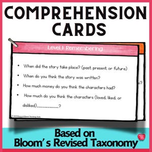 Può includere: Carte di comprensione rosa e arancioni con il testo "Comprehension Cards" e "Livello 1: Ricordare". Le carte contengono domande basate sulla tassonomia rivista di Bloom. Le domande sono: "Quando è avvenuta la storia? (passato, presente o futuro)", "Quando pensi che la storia sia stata scritta?", "Quanti soldi pensi che avessero i personaggi?", e "Quanto pensi che i personaggi (amassero, apprezzassero o non apprezzassero)...?"