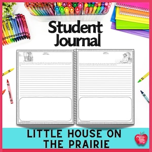 Pode incluir: Um diário de estudante aberto com o título "Student Journal" em preto. O diário apresenta páginas pautadas e ilustrações. As palavras "Little House on the Prairie" estão na parte inferior. Lápis de cor e canetas de feltro circundam o diário.