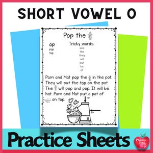 Puede incluir: Una colorida hoja de trabajo educativa titulada "Short Vowel O" con el texto "Pop the" y "Practice Sheets". La hoja de trabajo incluye las palabras "pop" y "top", junto con un dibujo de una máquina de palomitas de maíz y un tazón de palomitas de maíz.