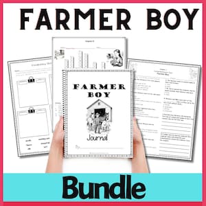 May include: A bundle of educational materials for the book "Farmer Boy." The central image is a journal with the title and a drawing of a boy with animals. Other pages include vocabulary and comprehension exercises. The word "Bundle" is at the bottom.