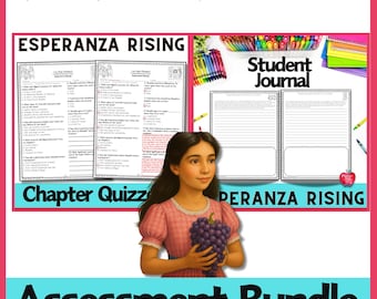 Puede incluir: Paquete de evaluación de Esperanza Rising para maestros. Incluye un diario para estudiantes y cuestionarios de capítulos. La portada presenta a una niña sosteniendo un racimo de uvas.