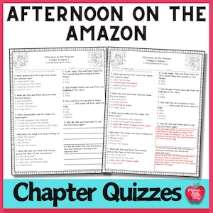 May include: A worksheet titled "Afternoon on the Amazon" with chapter quizzes. The quizzes are on white paper with black text, featuring questions and answer choices. The title is in large, bold, black letters. A red apple graphic is in the bottom right corner.