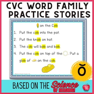 May include: A yellow and white printable worksheet with the words "CVC Word Family Practice Stories" at the top. The worksheet features a picture of a corn cob and the word "cob" repeated in different words throughout the sentences. The worksheet also includes a yellow circle with the letter "O" inside.