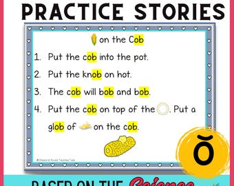 Può includere: Un foglio di lavoro stampabile giallo e bianco con le parole "CVC Word Family Practice Stories" in alto. Il foglio di lavoro presenta un'immagine di una pannocchia di mais e la parola "cob" ripetuta in diverse parole in tutte le frasi. Il foglio di lavoro include anche un cerchio giallo con la lettera "O" all'interno.