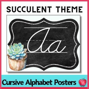 Pósteres del alfabeto cursivo con suculentas: Letras de pizarra de página completa para decorar el aula y practicar la escritura a mano.