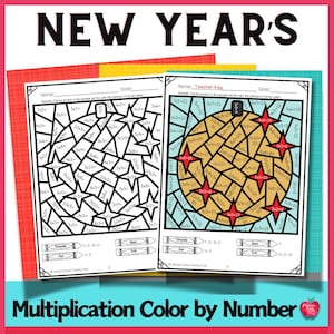 Puede incluir: Una hoja de actividad de multiplicación para colorear por números con temática de Año Nuevo. La hoja presenta una ilustración colorida de una estrella y un círculo con temática de Año Nuevo. La actividad requiere que los estudiantes resuelvan problemas de multiplicación y coloreen las secciones correspondientes de la imagen.