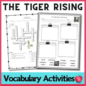 Könnte beinhalten: Zwei schwarz-weiße Arbeitsblätter für "The Tiger Rising" mit einem Kreuzworträtsel und Vokabelzeichnungen. Die Arbeitsblätter enthalten den Text "Vocabulary Activities" und "Chapters 1-3". Das Bild hat einen rosa Rand und ein rotes Apfel-Logo.