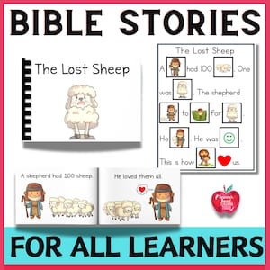 May include: A children's book titled "The Lost Sheep" with illustrations of a shepherd and sheep. The cover features a fluffy sheep. The text "Bible Stories" and "For All Learners" are displayed at the top and bottom.