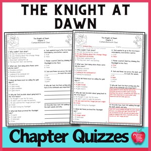 May include: Two comprehension quizzes from "The Knight at Dawn" book, featuring multiple-choice questions. The quizzes are titled "Chapter 1" and include questions about the story's events. The quizzes are on pink paper with illustrations of children.
