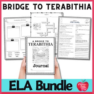 以下が含まれることがあります： 「テラビシアへの橋」の教育資料のバンドル。ジャーナル、語彙スケッチ、理解度クイズが含まれています。ジャーナルの表紙には橋のイラストが描かれています。バンドルは「ELA Bundle」と表示されています。