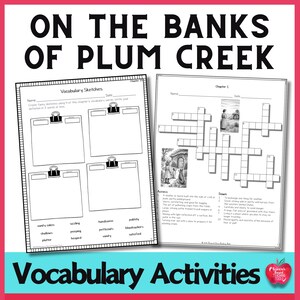 Pode incluir: Duas folhas de trabalho para atividades de vocabulário de "On the Banks of Plum Creek". Uma folha de trabalho tem caixas de esboço e palavras de vocabulário. A outra é um quebra-cabeça de palavras cruzadas com ilustrações. O título "Vocabulary Activities" está na parte inferior.
