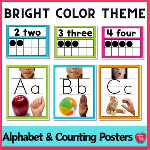Puede incluir: Pósteres educativos con un tema de colores brillantes. Los pósteres muestran números, letras e imágenes relacionadas. La fila superior muestra los números 2, 3 y 4 con puntos correspondientes. La fila inferior presenta las letras A, B y C con imágenes.