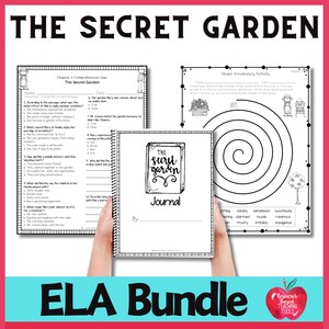 Op de afbeelding: Een zwart-witte, afdrukbare ELA-bundel voor het boek De geheime tuin. De bundel bevat een begripsquiz, een vormvocabulaire-activiteit en een dagboekpagina. De tekst "De geheime tuin" staat op de dagboekpagina.