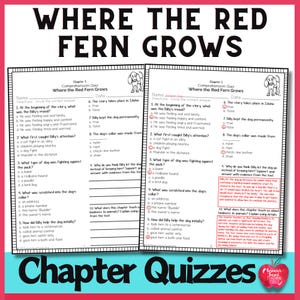 以下が含まれることがあります： 「Where the Red Fern Grows」と「Chapter 1 Comprehension Quiz」というタイトルの、白黒の印刷可能なワークシート2枚。ワークシートには、本に関する複数選択問題が記載されています。