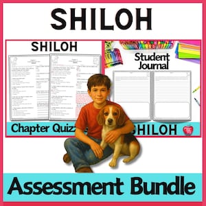 以下が含まれることがあります： 「シャイロー」の本のためのカラフルな評価バンドル。男の子と犬が描かれています。バンドルには、章ごとのクイズと生徒用ジャーナルが含まれています。