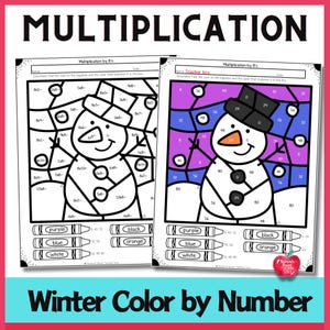 May include: Two worksheets with a snowman color-by-number activity. The worksheets are titled "Multiplication by 8's" and "Winter Color by Number." One worksheet is a teacher key. The snowman has a black hat, orange nose, and black buttons.