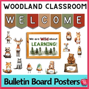 Könnte beinhalten: Ein Klassenzimmer-Pinnwand-Set mit Waldthema. Das obere Banner zeigt "WELCOME" in weißen Buchstaben auf braunen und grünen Wimpeln. In der Mitte befindet sich ein gerahmtes Bild mit dem Text "We are Wild about LEARNING!" und Illustrationen von Waldtieren.