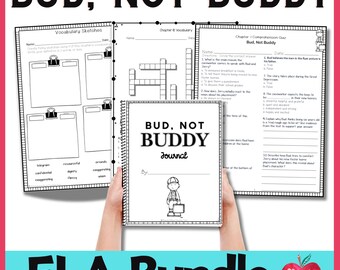 Może przedstawiać: Czarno-biała ilustracja chłopca trzymającego walizkę. Ilustracja znajduje się na białym tle i nosi tytuł "Bud, Not Buddy Journal". Obrazek jest częścią pakietu ELA dla nauczycieli.