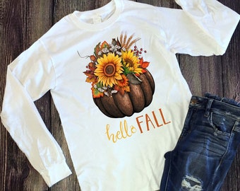 Hello Fall, Pumpkin, Sunflowers, Decal, Home Decor, T-shirt, Digital Download