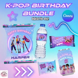 May include: A K-Pop birthday bundle digital file with a variety of items. Includes a bag with "Happy Birthday" text and a graphic of three figures, a water bottle, candy bar, soda can, and Ring Pop. The bundle is designed with a purple and blue color scheme.