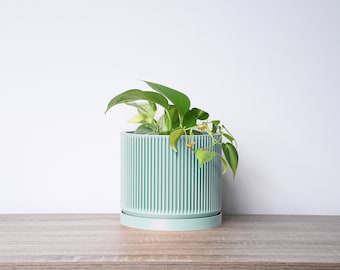 Macetero moderno de mediados de siglo con drenaje y platillo en verde azulado, macetero exclusivo impreso en 3D, tamaños: 4", 5", 6", 7" y 8" / Regalo para amantes de las plantas