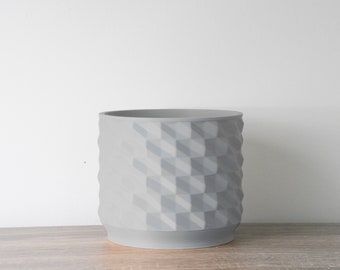 Macetero geométrico con drenaje y platillo en color gris, maceta única impresa en 3D, tamaños pequeños a grandes: 4", 5", 6", 7" y 8"