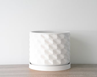 Geometric Planter with Drainage & Saucer in White, Unique 3D-Printed Plant Pot, Small to Large Small to Large Sizes: 4" 5" 6" 7" 8"